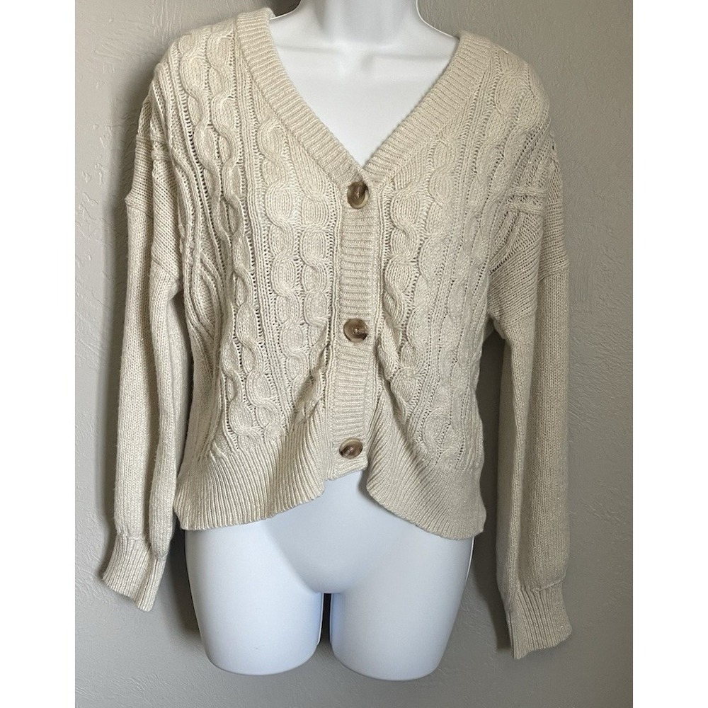 There Abouts Womens Jr. Size XL 16 Ivory V Neck Button Up Cardigan Sweaterโ
